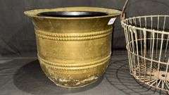Antique Brass Planter with Wire Potato Basket, Decorative Etching