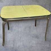 Vintage 1950s Kitchen Table, Yellow Laminate Top, Metal Legs, includes one leaf