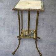 Ornate Brass Plant Stand with Stone or Marble Top, 15x15x30 Inches