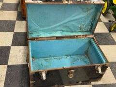 Antique Trunk, Black with Blue Interior, Metal and Wood, Early 20th Century