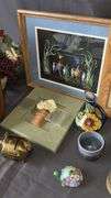 Decorative Wooden Shelf and Assorted Decorations