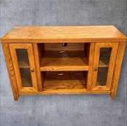 Oak Finish Media Console Cabinet, Glass Panel Doors, 43"x16"x27"
