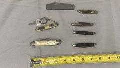 Collection of Pocket Knives with Various Handle Materials and Keychain Feature
