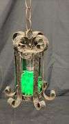 Vintage Hanging Lantern with Green Light, Rustic Metal Finish