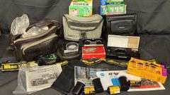 Comprehensive Camera Bag and Film Package, Nikon Strap, Olympus Camera, Opera Glasses