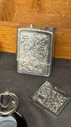 Vintage Metal Lighter, Ashtray Collection with Decorative Designs and Keychain Attachments in Wood B
