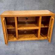 Oak Finish Media Console Cabinet, Glass Panel Doors, 43"x16"x27"
