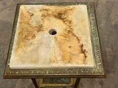 Ornate Brass Plant Stand with Stone or Marble Top, 15x15x30 Inches