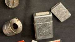 Vintage Metal Lighter, Ashtray Collection with Decorative Designs and Keychain Attachments in Wood B