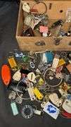 Vintage Keychain Collection with Yamaha & Harley-Davidson Logos, Wooden Box