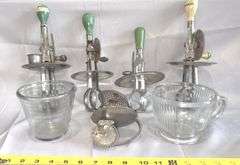Vintage Hand-Crank Egg Beaters with Glass Measuring Cups, Wood Handles