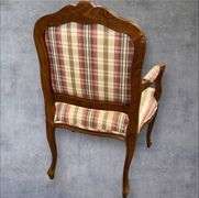 French Provincial Armchair, Wood Frame, Plaid Fabric Upholstery