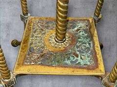 Ornate Brass Plant Stand with Stone or Marble Top, 15x15x30 Inches