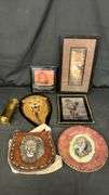 Lion-Themed Decorative Collection: Plate, Framed Art, Leather Pouch & Brass