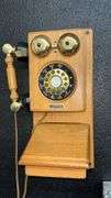 The Country Store Telephone Rotary Wall Phone, Wood & Brass, Mid-20th Century