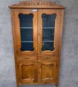 Antique Wooden Cabinet with Glass Panel Doors, 79x42x16 inches
