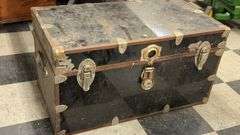 Antique Trunk, Black with Blue Interior, Metal and Wood, Early 20th Century
