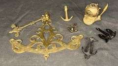 Nautical Themed Decorative Set: Brass Diving Helmet, Miniature Anchors