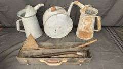 Vintage Oil Cans and Funnel Set, Galvanized Metal, Rusty