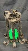 Vintage Hanging Lantern with Green Light, Rustic Metal Finish