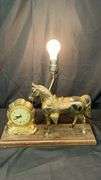Vintage United Horse Lamp with Clock, Brass and Wood, 17" x 6" x 16"