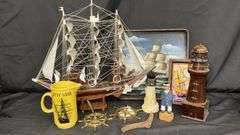 Nautical Decor Collection with Model Ship, Cutty Sark Mug, Lighthouse Figurines