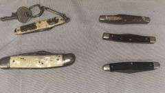 Collection of Pocket Knives with Various Handle Materials and Keychain Feature
