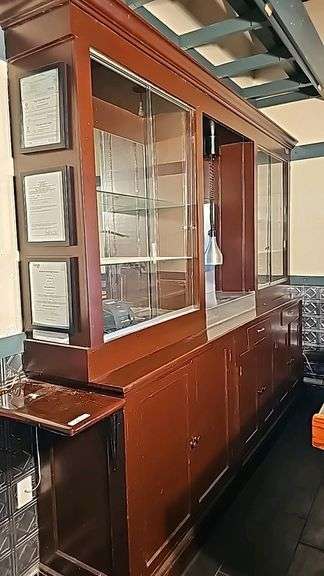 Large Wooden Back Bar Cabinet with Glass Display and Storage