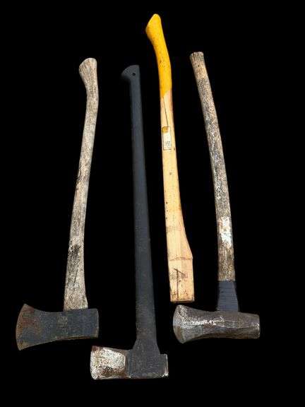 Set of 4 Axes and Mauls, Wood Handles, Steel Blades, 32-36 Inch Length