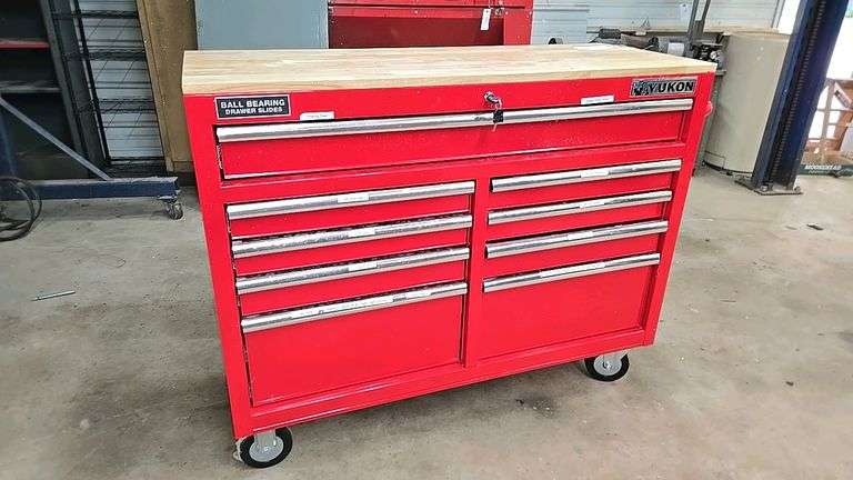 Yukon 46" 9-Drawer Mobile Workbench, Steel Body, Wood Top, Serial 37825-2421