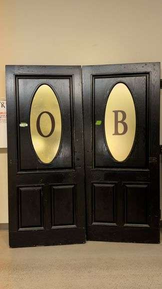Black Double Doors with Frosted Glass Lettering "O" and "B", 3x7 ft
