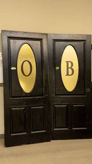 Black Double Doors with Frosted Glass Lettering "O" and "B", 3x7 ft