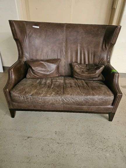 Brown Leather Loveseat, Nailhead Trim, Wingback Design