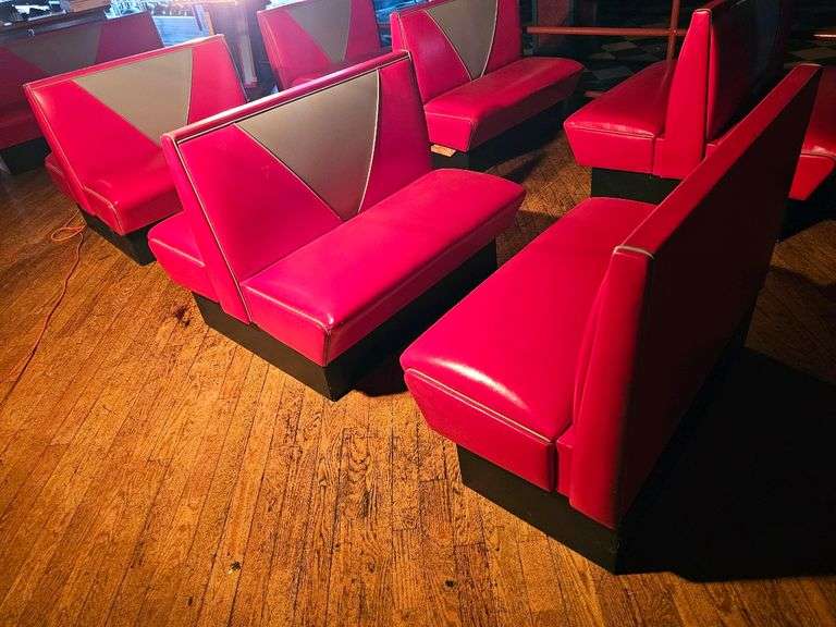 Red Vinyl Restaurant Booth Seating, Two Double, One Single, Red/Gray