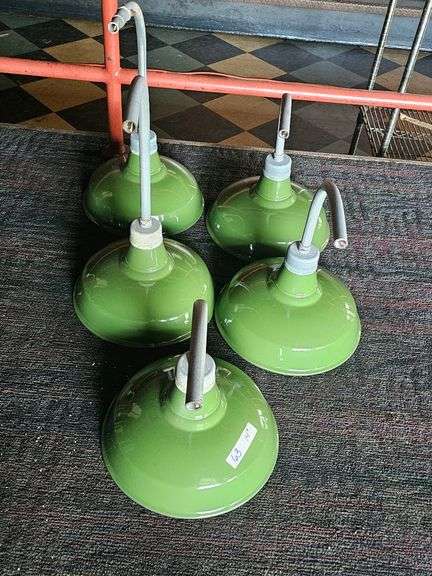 5 Green Industrial Pendant Light Fixtures, 14" Shade Diameter, Wall-Mounted Gooseneck