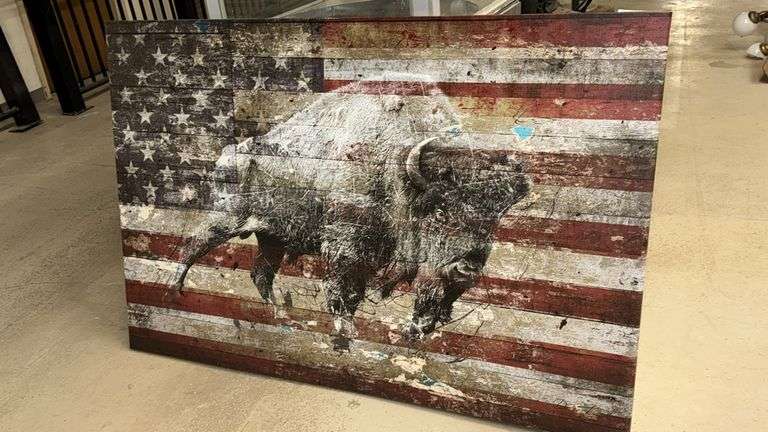 American Flag Buffalo Canvas Art, 5'x40", Wood Frame