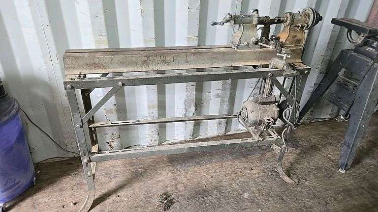 Vintage Metal Frame Wood Lathe, Belt-Driven Motor, 60" Bed Length