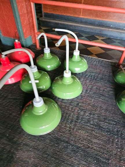 Vintage Green Gooseneck Barn Light Fixtures, Metal, 14" Diameter
