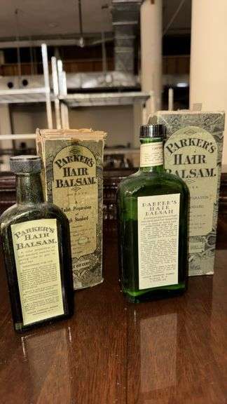 2 Bottles - Vintage Parker's Hair Balsam, 9 oz Glass Bottles by Hiscox Chemical Works, USA