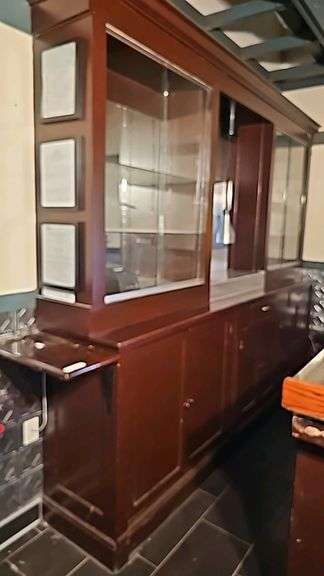 Large Wooden Back Bar Cabinet with Glass Display and Storage