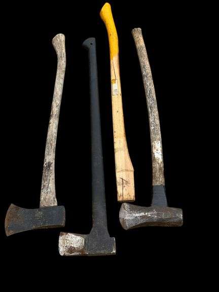 Set of 4 Axes and Mauls, Wood Handles, Steel Blades, 32-36 Inch Length