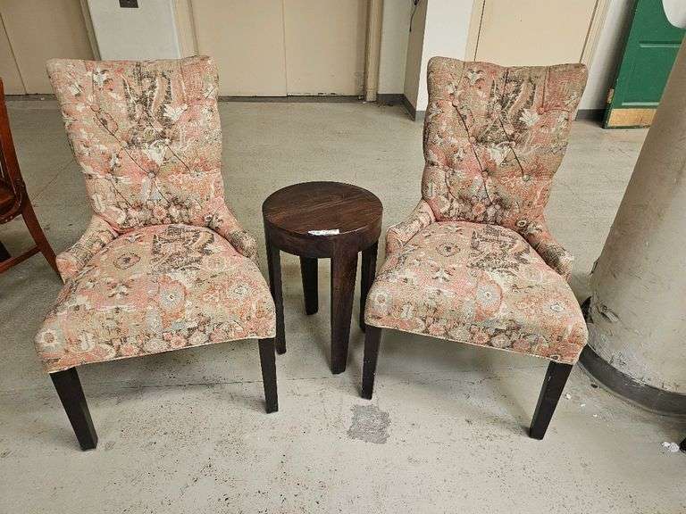 Pair of Upholstered Accent Chairs with Side Table, Button Tufted Back