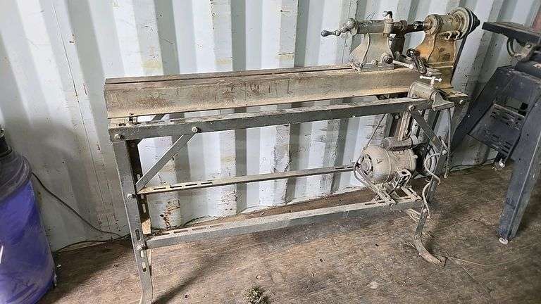 Vintage Metal Frame Wood Lathe, Belt-Driven Motor, 60" Bed Length