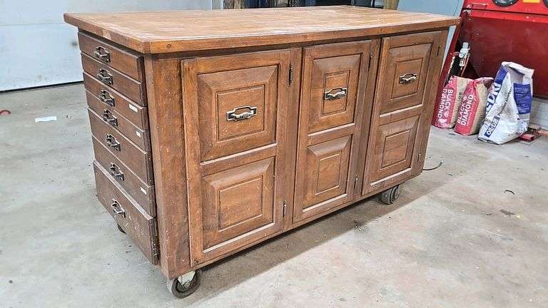 Wooden Workbench, 66"x31.5"x41", Multiple Drawers and Cabinet Storage, 6" Casters