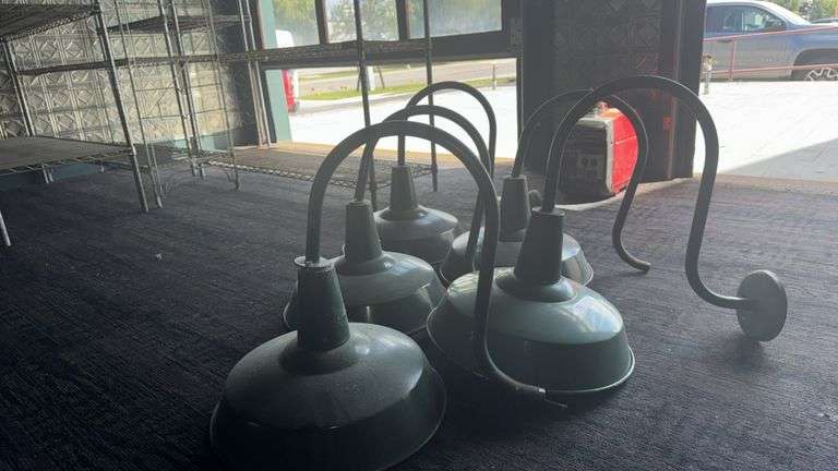 Green Industrial Gooseneck Lights, 17.5" Diameter, Metal, Set of 5