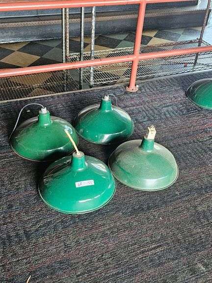 Vintage Green Metal Industrial Pendant Light Fixtures, 15.5" Diameter, Set of 4