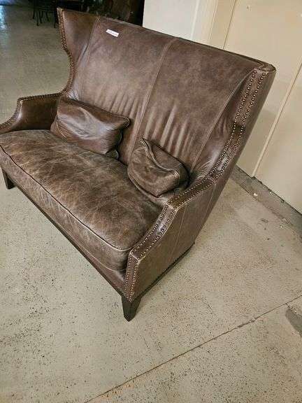 Brown Leather Loveseat, Nailhead Trim, Wingback Design