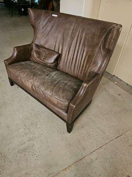 Leather Wingback Loveseat,  Brown Leather, Traditional Style