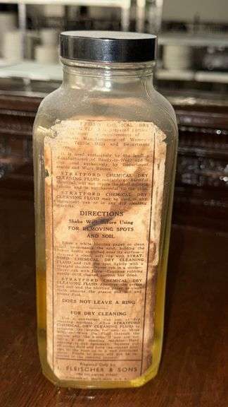 Vintage Fleischer's Stratford Chemical Dry Cleaning Fluid, 1 Quart Glass Bottle