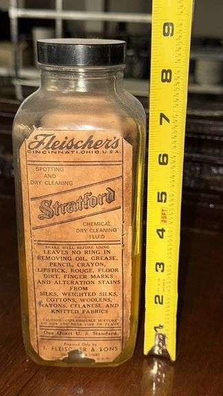 Vintage Fleischer's Stratford Chemical Dry Cleaning Fluid, 1 Quart Glass Bottle